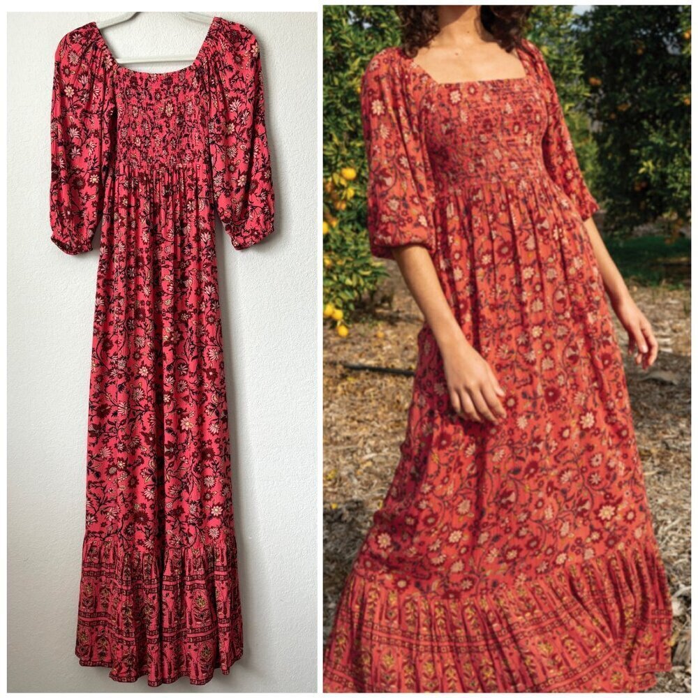 Billabong Boho Floral Print Full Bloom Smocked Ruffle Hem Maxi Dress - Picture 2 of 13